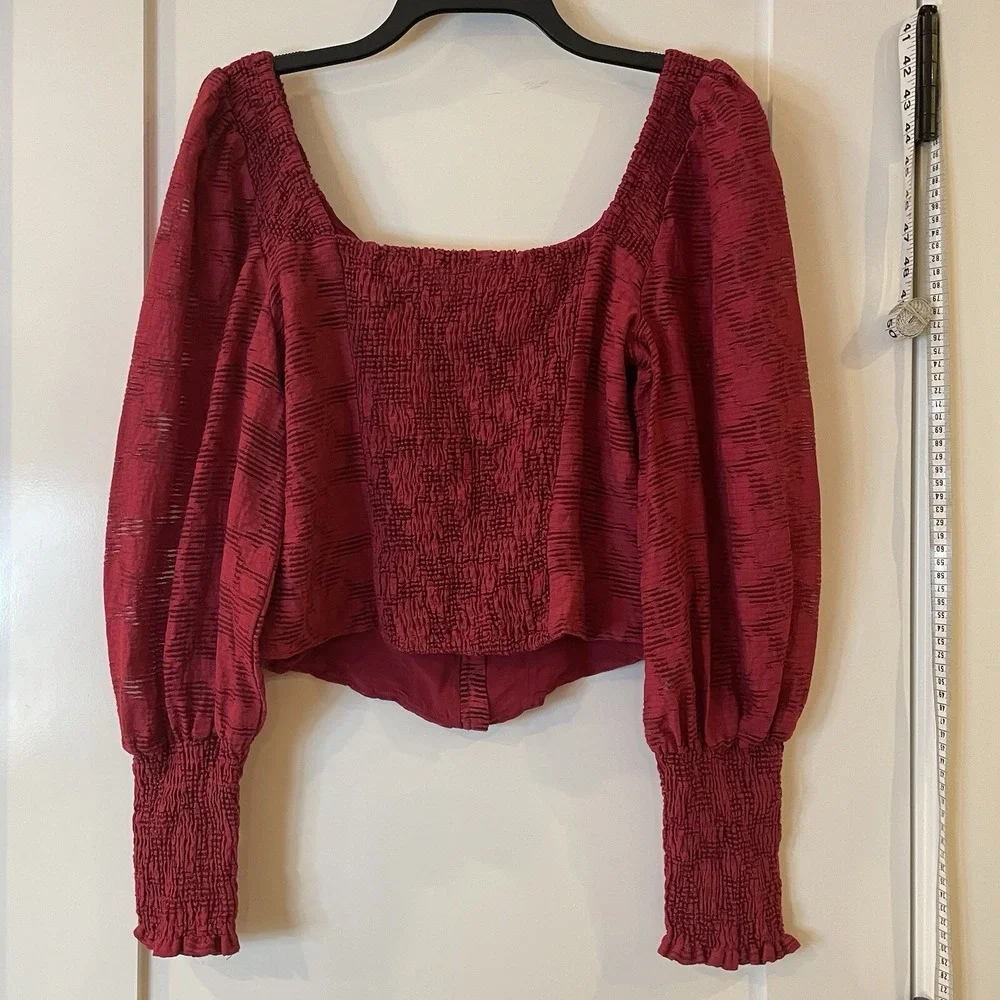 Anthropologie Womens M Shirt Top Sheer Puff Sleeve Smocked Corset Raspberry $120